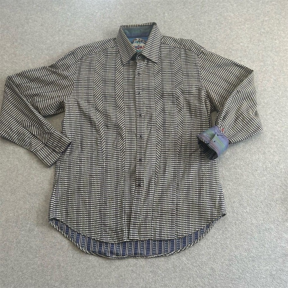 Robert Graham Shirt Mens Large Brown Blue Check Flip Cuff Button Up Long Sleeve